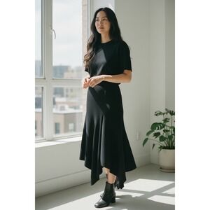 Diane von Furstenberg Black Skirt Ribbed Knit Asymmetric Handkerchief Midi S